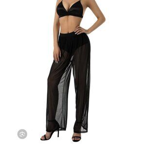 VICTORIA'S SECRET Swim Cover Lace Pants SHEER Black Medium Lingerie Wide Leg R2